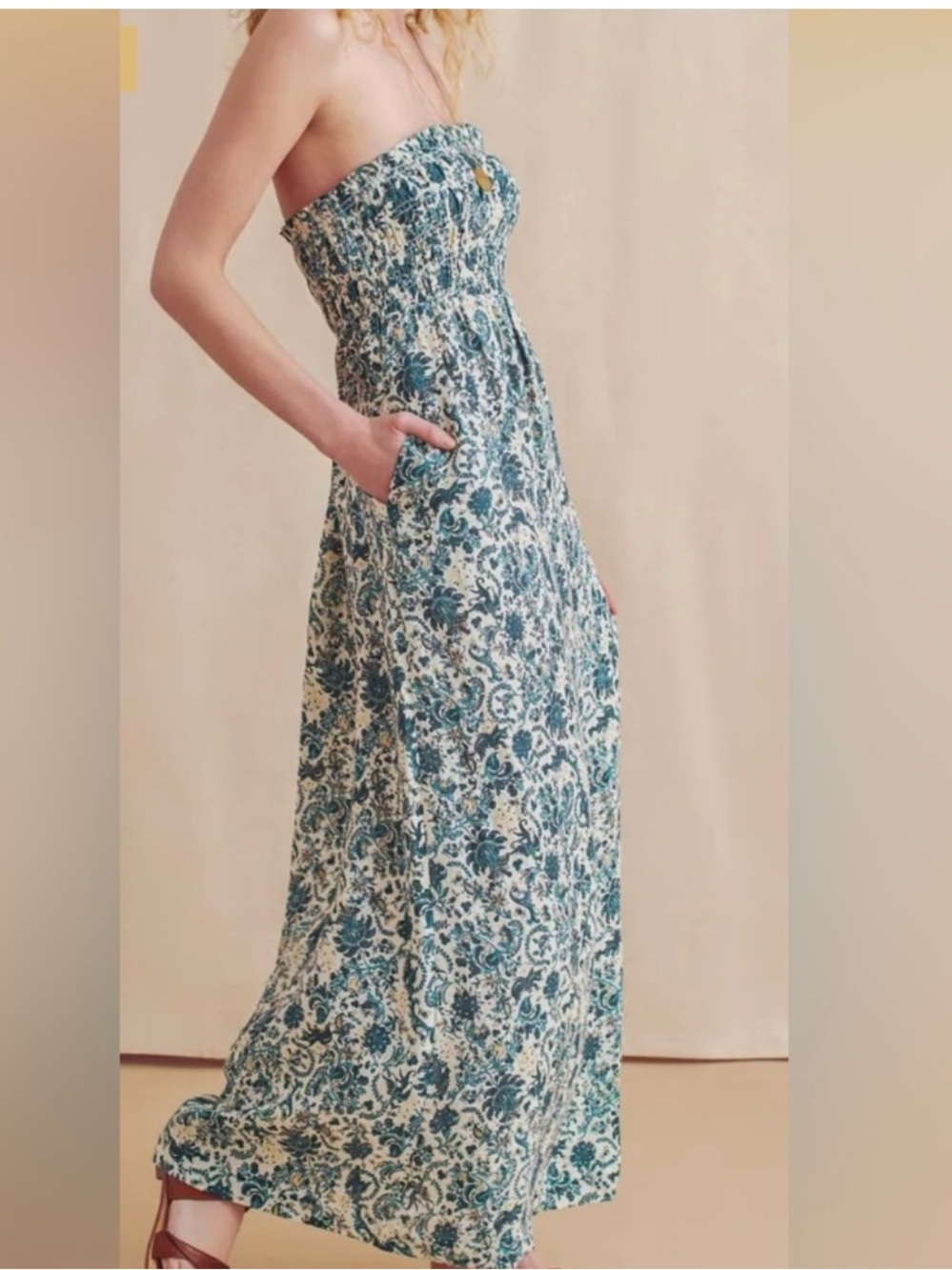 Faherty Margarita Strapless Linen Maxi Dress Smocked Paisley Blue Size S